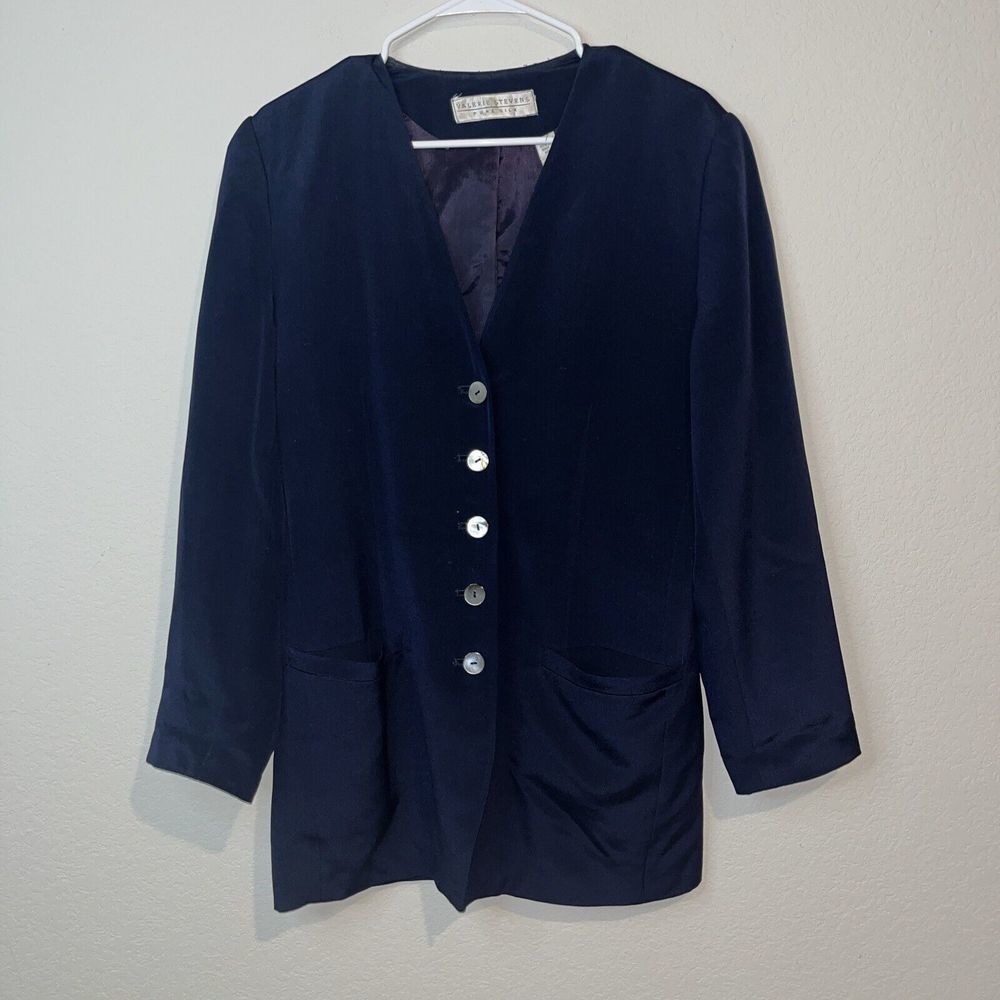 Vintage Valerie Steven’s Pure Silk Blazer 8 Navy Blue Mother Of Pearl Buttons